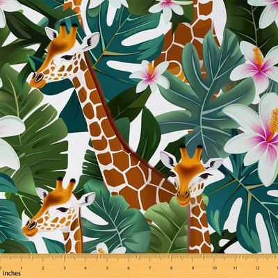 Feelyou Cute Giraffe Fabric By The Yard,Botanical Floral Tropical Palm Leaf Print Upholstery Fabric,Flower Blossom Pattern, Natural Theme Reupholstery for Chairs, 10 Yards, Green