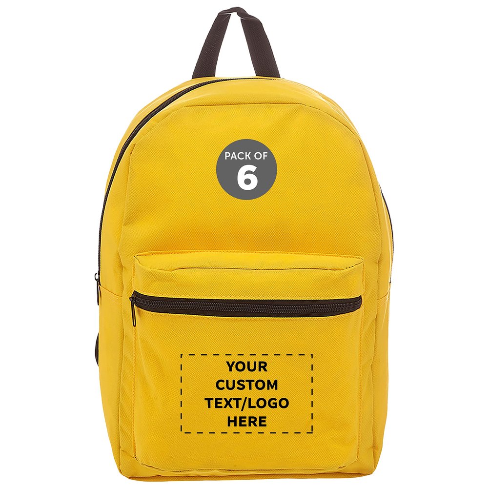 DISCOUNT PROMOS Custom Sprout Econo Backpacks Set of 6, Personalized Bulk Pack - Economical Backpack for Everyday Use, Perfect for Travellers, and More - Yellow