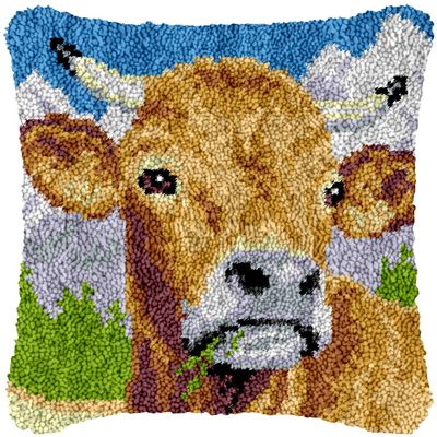 Cow Cattle Latch Hook Kits Pillow Printed Canvas DIY Cushion Crochet Yarn Needlework Hook Latch Kit Embroidery Pillowcase Rug Cover Home Sofa Christmas Decoration 43x43cm