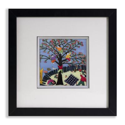 Ebherys Hunan Hand Embroidery Artwork, Handmade Wall Art Paintings with Wood Frame for Room Decoration Home Accessories, Meaningful Gifts for Mother Daughter and Friends (Picking Cherries)