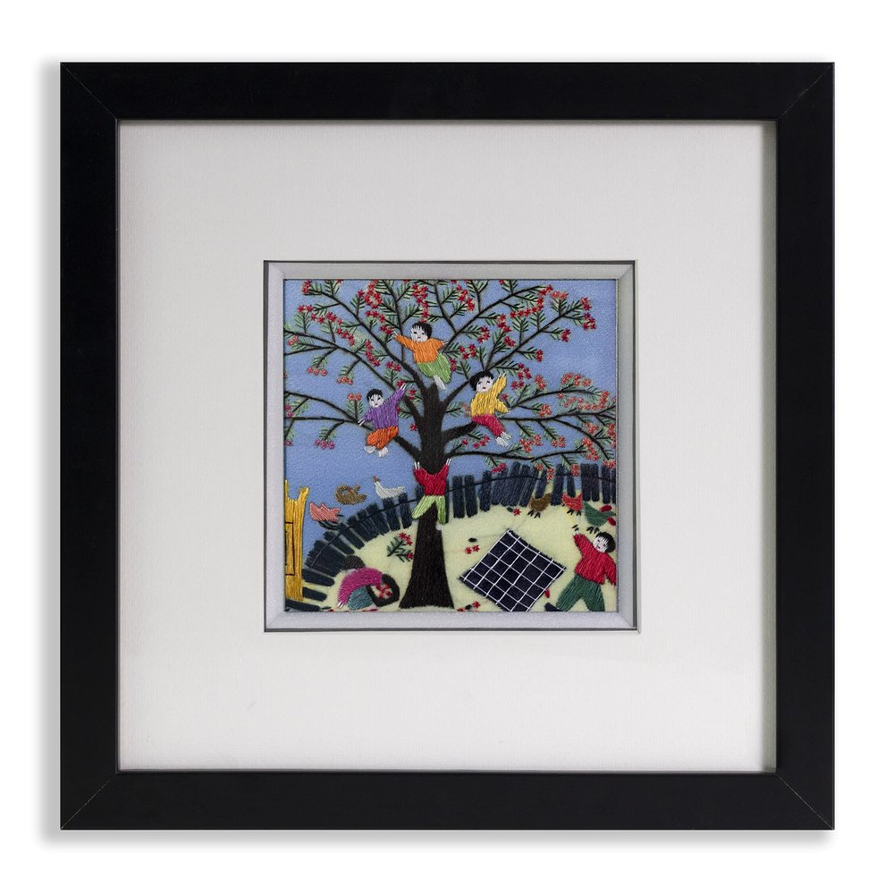 Ebherys Hunan Hand Embroidery Artwork, Handmade Wall Art Paintings with Wood Frame for Room Decoration Home Accessories, Meaningful Gifts for Mother Daughter and Friends (Picking Cherries)