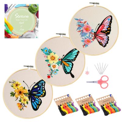 Santune 3 Pack Embroidery Kit for Beginners Adults Cross Stitch Kits with Butterfly Patterns and Instructions,DIY Hand Crafts with 1 Hoop,Threads and 6 Needles