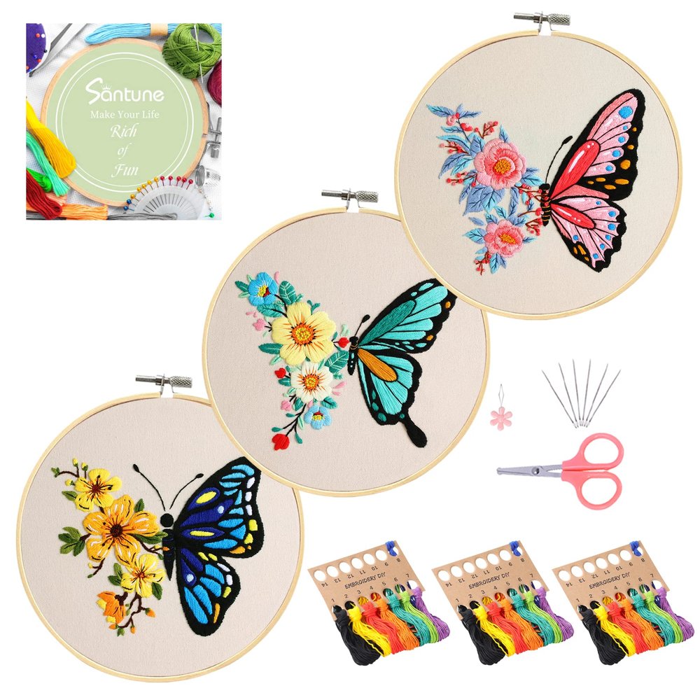 Santune 3 Pack Embroidery Kit for Beginners Adults Cross Stitch Kits with Butterfly Patterns and Instructions,DIY Hand Crafts with 1 Hoop,Threads and 6 Needles