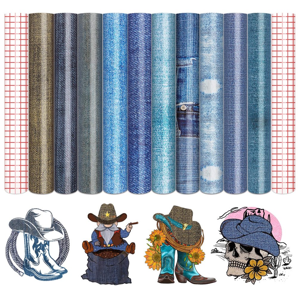 Tintnut Denim Permanent Adhesive Vinyl - 10 Sheets 12"x10", Blue Jeans Adhesive Vinyl Patter Permanent Outdoor for Decor Sticker, Self Sticker Water proofing