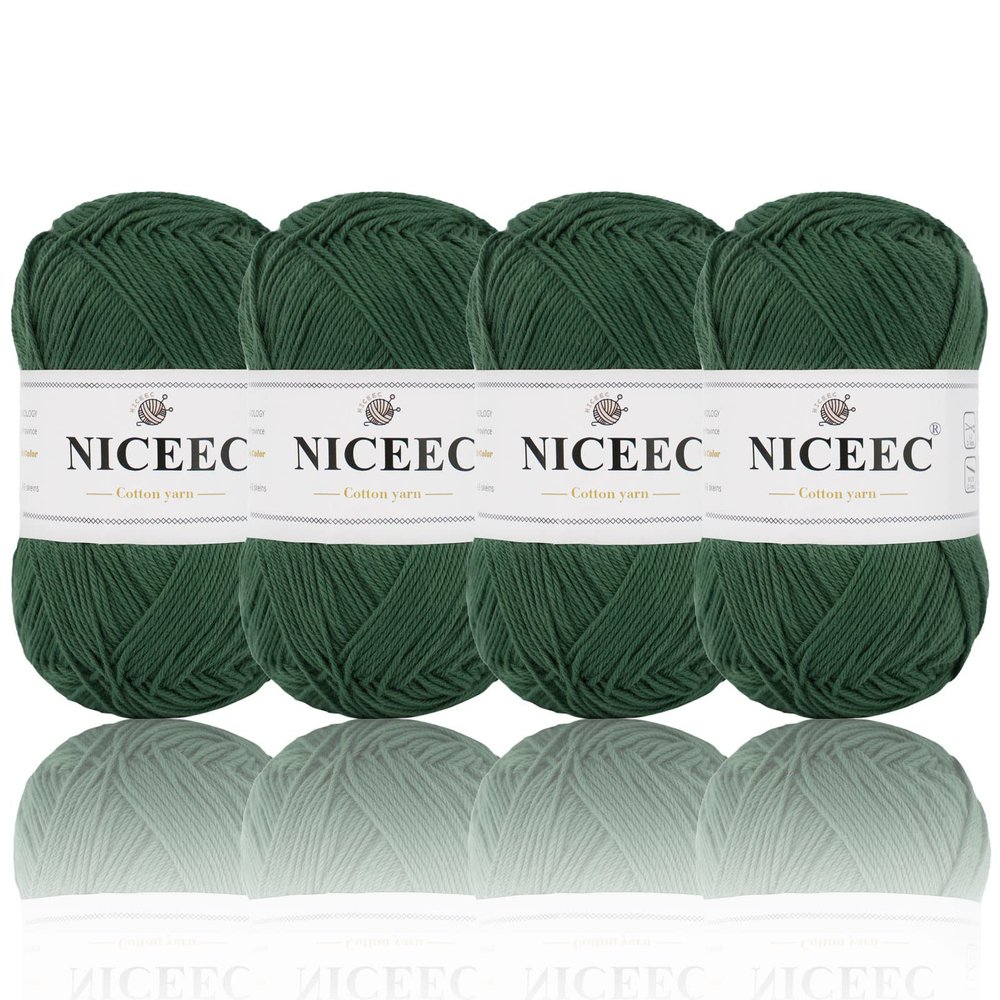 NICEEC 4 Skeins Soft Baby Cotton Yarn, 4 Ply, DIY Craft, Fingering Weight, Blanket Yarn for Crochet & Knitting, Total 700yds/7.05oz - Green