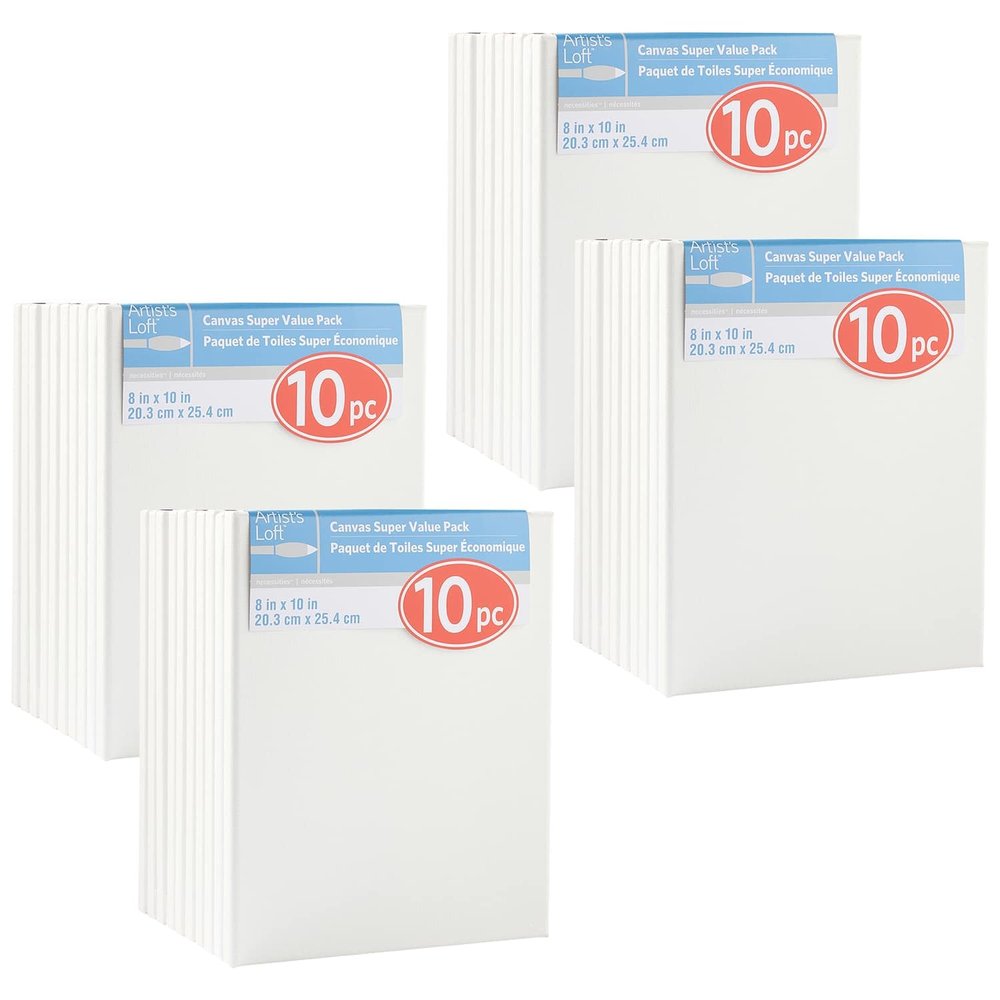 Artist's Loft 10 Count (40 Total) 8 x 10 Super Value Canvas Necessities - Acid Free Cotton Canvas for Paint, Acrylic, & Oils - Bulk 4 Pack