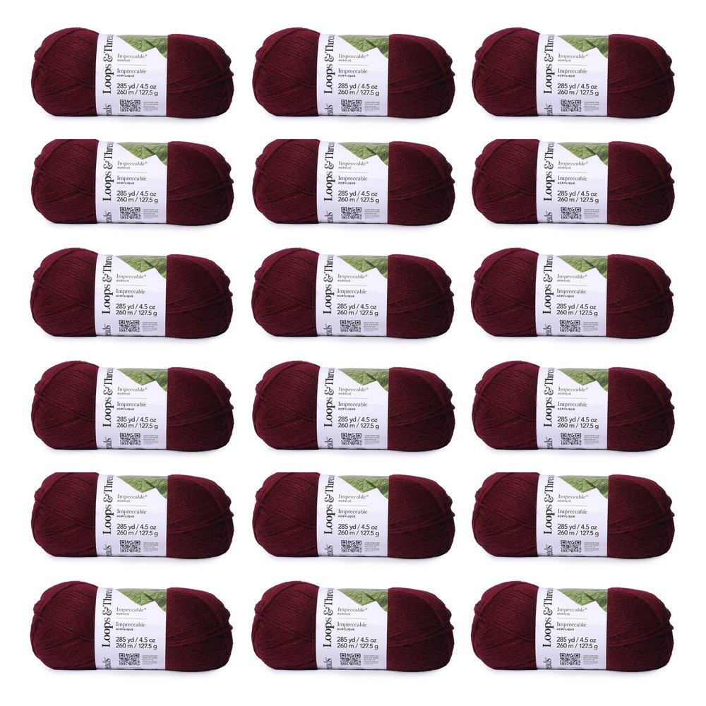 Loops & Threads Impeccable Solid Yarn - Solid Yarn for Knitting, Crochet, Weaving, Arts & Crafts - Burgundy, Bulk 18 Pack
