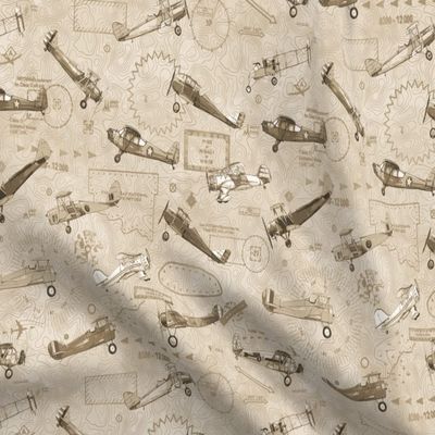 Spoonflower Fabric - Biplane Aviation Sepia Tone Tan Khaki Printed on Satin Fabric Fat Quarter - Sewing Lining Apparel Fashion Blankets Decor