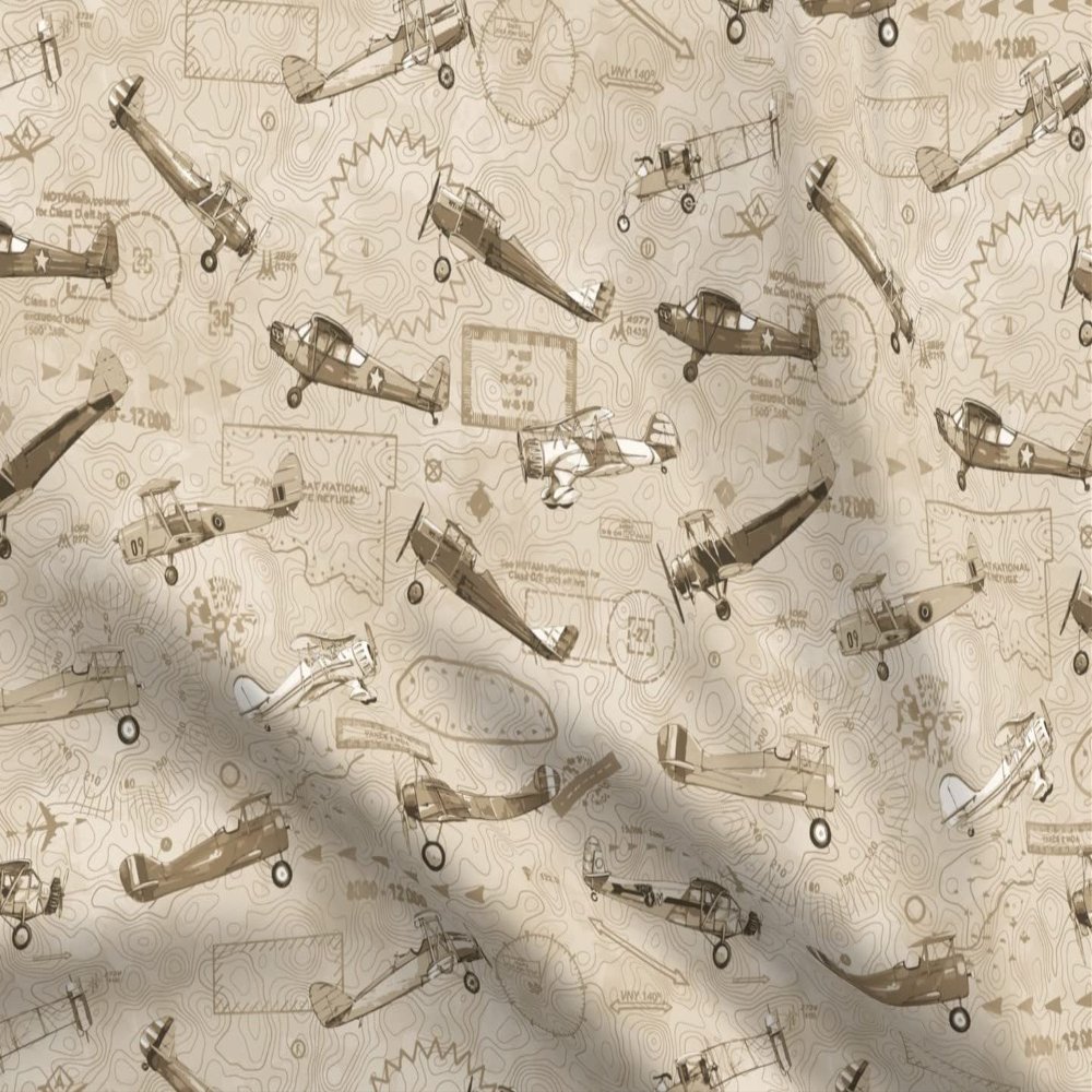 Spoonflower Fabric - Biplane Aviation Sepia Tone Tan Khaki Printed on Satin Fabric Fat Quarter - Sewing Lining Apparel Fashion Blankets Decor