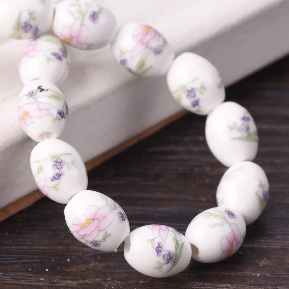 10pcs 8x10mm Oval Floral Pattern Ceramic Porcelain Loose Beads for Jewelry Making DIY Crafts,Decoration (13-Pink Purple)