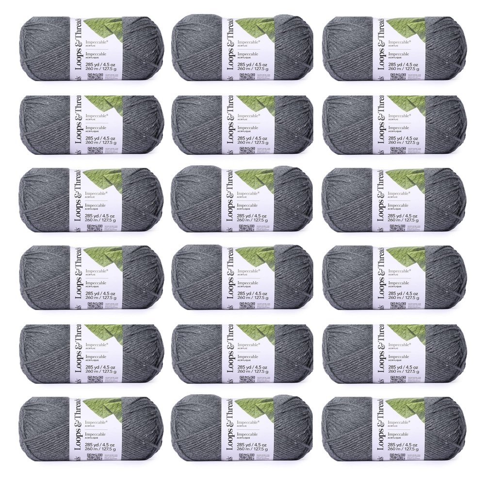 Loops & Threads Impeccable Solid Yarn - Solid Yarn for Knitting, Crochet, Weaving, Arts & Crafts - True Gray, Bulk 18 Pack