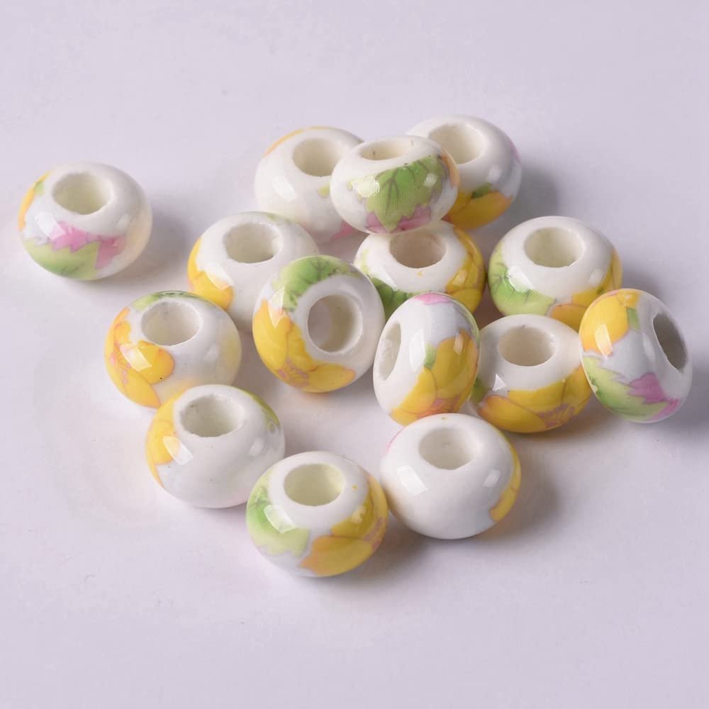 10pcs 15x9mm Round Flower Patterns Ceramic Porcelain Big Hole Loose Beads for Jewelry European Charms Bracelet Making DIY,Decoration (9# Style)