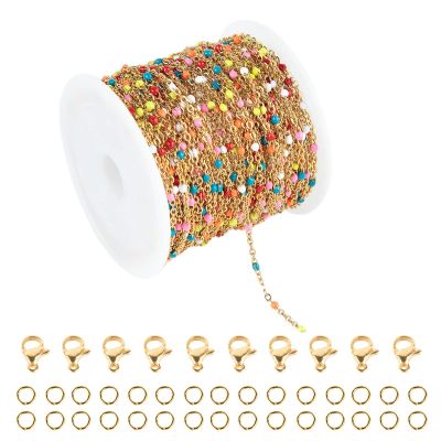UMAOKANG 33 Feet/10 Meters Colorful Beaded Stainless Steel Jewelry Chains Gold Plated Cable Link Chain for Jewelry Making with 10 Lobster Clasps and 30 Jump Rings
