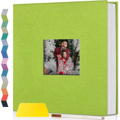Popotop Photo Album Self Adhesive with Picture Display Window,40 Pages DIY Scrapbooking Supplies Kit for 4x6 8x10 Picture,Linen Cover Memory Book for Baby Wedding, with Scraper and Metallic Pen