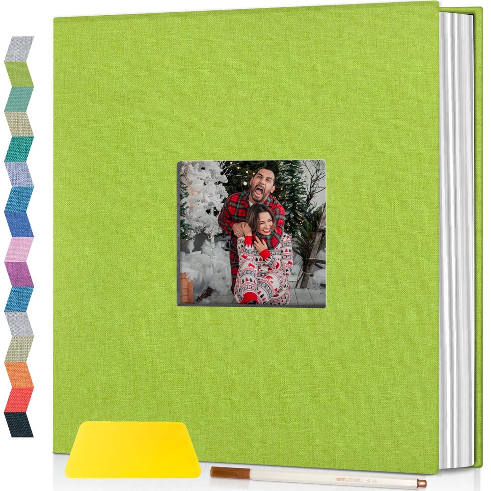 Popotop Photo Album Self Adhesive with Picture Display Window,40 Pages DIY Scrapbooking Supplies Kit for 4x6 8x10 Picture,Linen Cover Memory Book for Baby Wedding, with Scraper and Metallic Pen