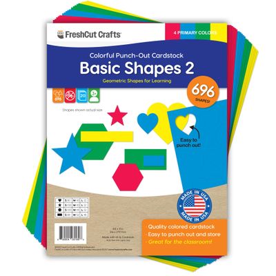 Basic Shapes 2: Hearts, Stars, Hexagons, Rectangles, 696 Pieces US Made Card Stock Punch Out Geometric Shapes in 3 Sizes and 4 Primary Colors for Math, Pattern Play and DIY Crafting
