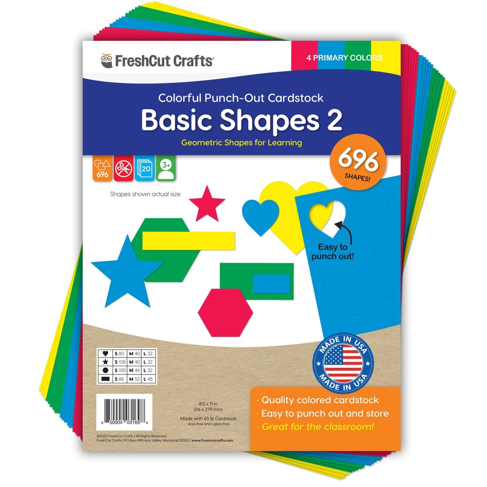 Basic Shapes 2: Hearts, Stars, Hexagons, Rectangles, 696 Pieces US Made Card Stock Punch Out Geometric Shapes in 3 Sizes and 4 Primary Colors for Math, Pattern Play and DIY Crafting