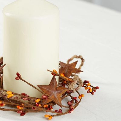 Artificial Sunset Orange Mixed Berry and Rusty Star Candle Rings Pack of 4 Fall Berry Farmhouse Home Decor for Centerpiece Decorations and Napkin Rings (Size: 6" diam)