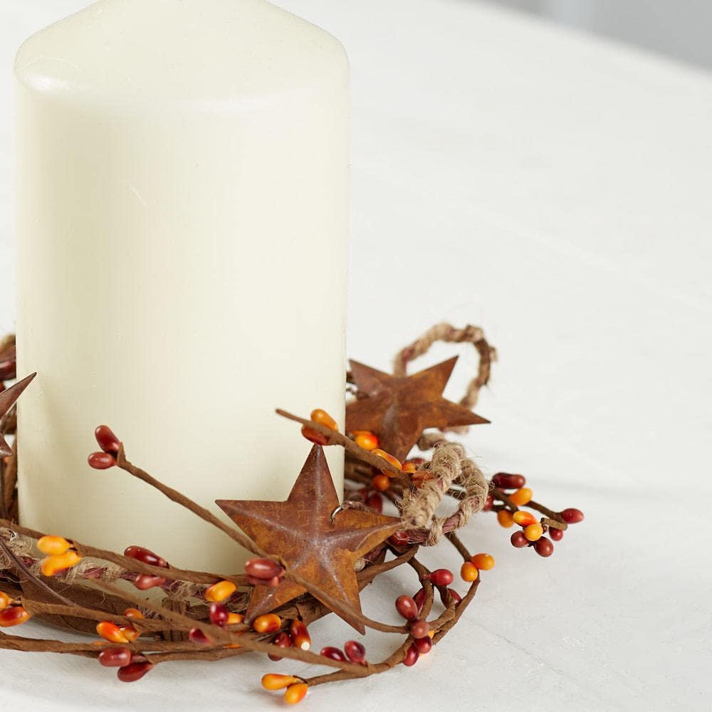 Artificial Sunset Orange Mixed Berry and Rusty Star Candle Rings Pack of 4 Fall Berry Farmhouse Home Decor for Centerpiece Decorations and Napkin Rings (Size: 6" diam)
