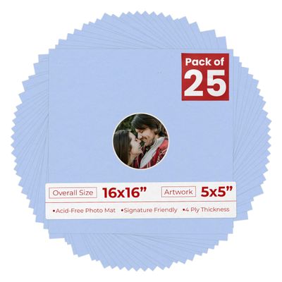 16x16 Mat Bevel Cut for 5x5 Photos - Precut Baby Blue Circle Shaped Photo Mat Board Opening - Acid Free Matte to Protect Your Pictures - Bevel Cut for Family Photos, Pack of 25 Matboards