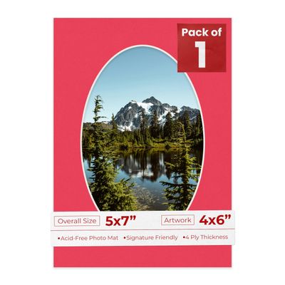 5x7 Mat Bevel Cut for 4x6 Photos - Precut Cardinal Red Oval Shaped Photo Mat Board Opening - Acid Free Matte to Protect Your Pictures - Bevel Cut for Family Photos, Pack of 1 Matboard