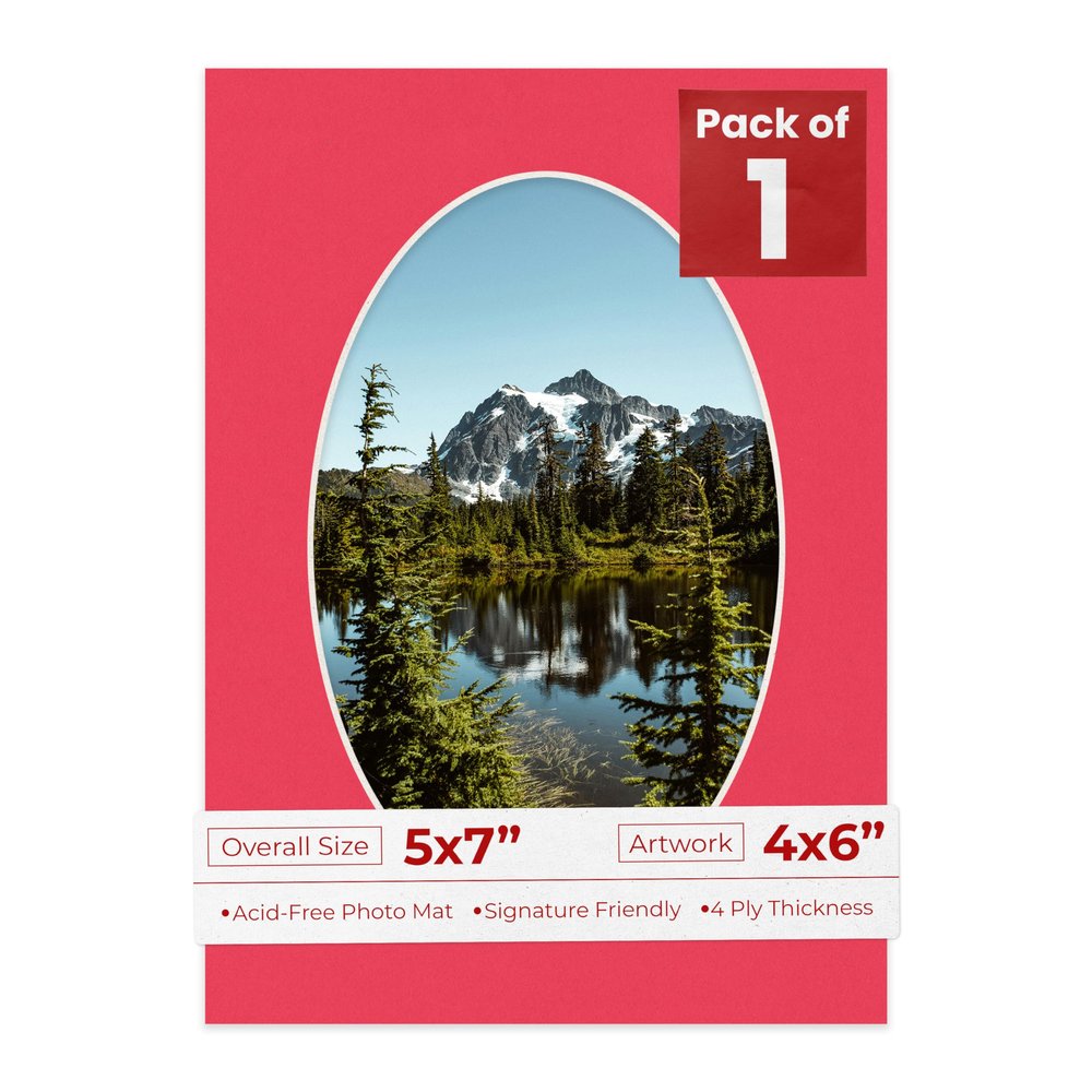 5x7 Mat Bevel Cut for 4x6 Photos - Precut Cardinal Red Oval Shaped Photo Mat Board Opening - Acid Free Matte to Protect Your Pictures - Bevel Cut for Family Photos, Pack of 1 Matboard