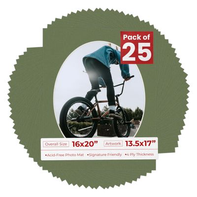 16x20 Mat Bevel Cut for 13.5x17 Photos - Precut Dill Green Oval Shaped Photo Mat Board Opening - Acid Free Matte to Protect Your Pictures - Bevel Cut for Family Photos, Pack of 25 Matboards