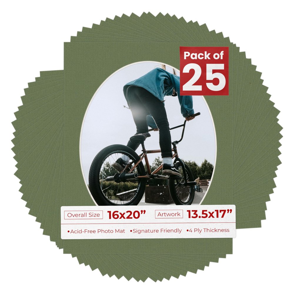 16x20 Mat Bevel Cut for 13.5x17 Photos - Precut Dill Green Oval Shaped Photo Mat Board Opening - Acid Free Matte to Protect Your Pictures - Bevel Cut for Family Photos, Pack of 25 Matboards