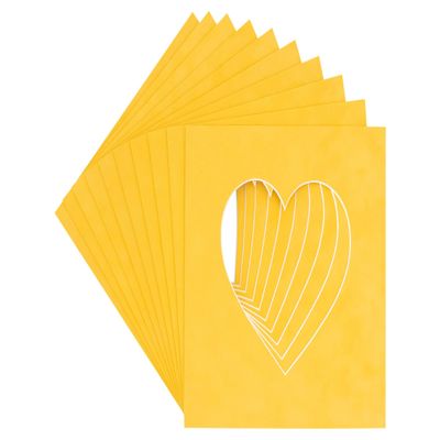 13x13 Mat Bevel Cut for 9x9 Photos - Precut Bright Yellow Heart Shaped Photo Mat Board Opening - Acid Free Matte to Protect Your Pictures - Bevel Cut for Family Photos, Pack of 25 Matboards