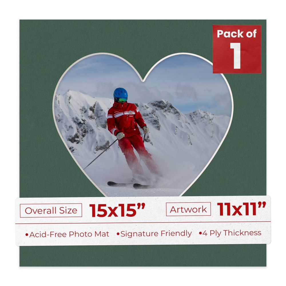 15x15 Mat Bevel Cut for 11x11 Photos - Precut Hunter Green Heart Shaped Photo Mat Board Opening - Acid Free Matte to Protect Your Pictures - Bevel Cut for Family Photos, Pack of 1 Matboard