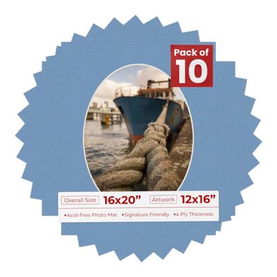 16x20 Mat Bevel Cut for 12x16 Photos - Precut Brittany Blue Oval Shaped Photo Mat Board Opening - Acid Free Matte to Protect Your Pictures - Bevel Cut for Family Photos, Pack of 10 Matboards