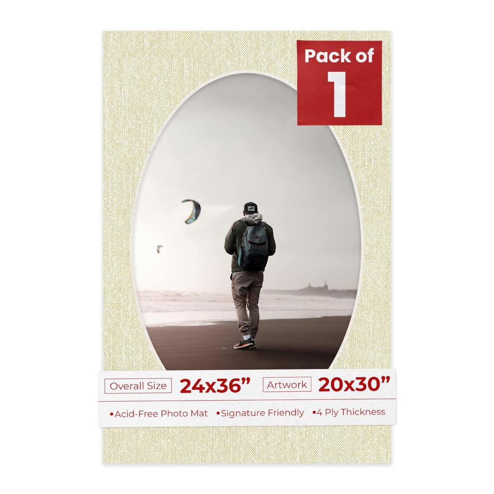 24x36 Mat Bevel Cut for 20x30 Photos - Precut Fresh Linen Canvas Oval Shaped Photo Mat Board Opening - Acid Free Matte to Protect Your Pictures - Bevel Cut for Family Photos, Pack of 1 Matboard