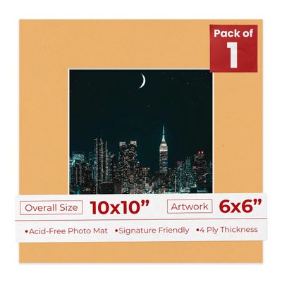 10x10 Mat Bevel Cut for 6x6 Photos - Precut Topaz Orange Square Shaped Photo Mat Board Opening - Acid Free Matte to Protect Your Pictures - Bevel Cut for Family Photos, Pack of 1 Matboard