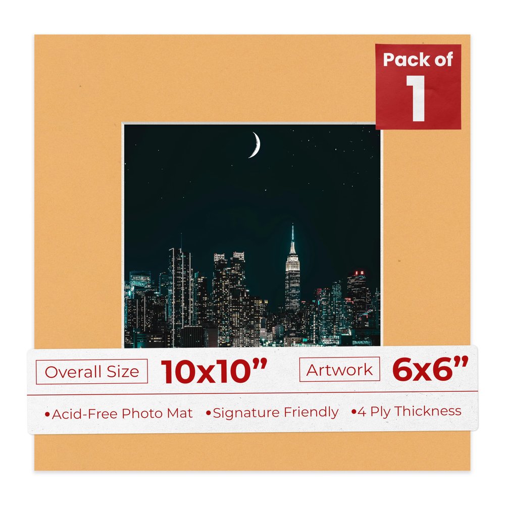 10x10 Mat Bevel Cut for 6x6 Photos - Precut Topaz Orange Square Shaped Photo Mat Board Opening - Acid Free Matte to Protect Your Pictures - Bevel Cut for Family Photos, Pack of 1 Matboard