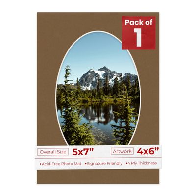5x7 Mat Bevel Cut for 4x6 Photos - Precut Aged Oak Brown Oval Shaped Photo Mat Board Opening - Acid Free Matte to Protect Your Pictures - Bevel Cut for Family Photos, Pack of 1 Matboard
