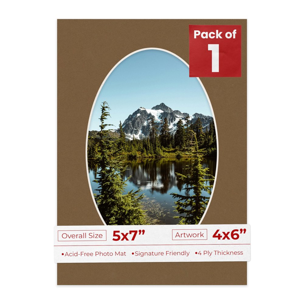 5x7 Mat Bevel Cut for 4x6 Photos - Precut Aged Oak Brown Oval Shaped Photo Mat Board Opening - Acid Free Matte to Protect Your Pictures - Bevel Cut for Family Photos, Pack of 1 Matboard