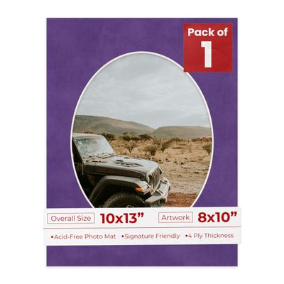10x13 Mat Bevel Cut for 8x10 Photos - Precut Purple Crocus Suede Oval Shaped Photo Mat Board Opening - Acid Free Matte to Protect Your Pictures - Bevel Cut for Family Photos, Pack of 1 Matboard