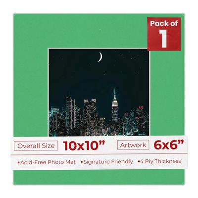 10x10 Mat Bevel Cut for 6x6 Photos - Precut Bright Green Square Shaped Photo Mat Board Opening - Acid Free Matte to Protect Your Pictures - Bevel Cut for Family Photos, Pack of 1 Matboard