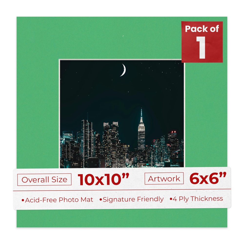 10x10 Mat Bevel Cut for 6x6 Photos - Precut Bright Green Square Shaped Photo Mat Board Opening - Acid Free Matte to Protect Your Pictures - Bevel Cut for Family Photos, Pack of 1 Matboard