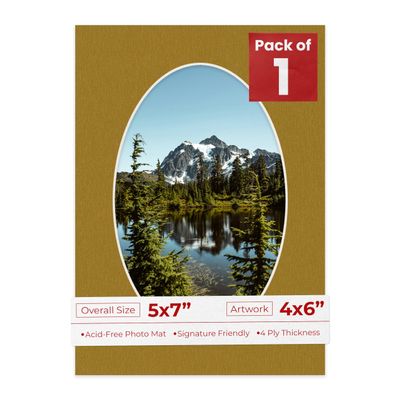 Poster Palooza 5x7 Mat Bevel Cut for 4x6 Photos - Precut Metallic Gold Oval Shaped Photo Mat Board Opening - Acid Free Matte to Protect Your Pictures - Bevel Cut for Family Photos, Pack of 1 Matboard