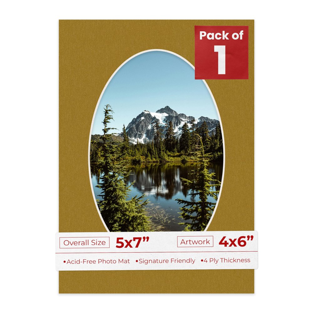 Poster Palooza 5x7 Mat Bevel Cut for 4x6 Photos - Precut Metallic Gold Oval Shaped Photo Mat Board Opening - Acid Free Matte to Protect Your Pictures - Bevel Cut for Family Photos, Pack of 1 Matboard