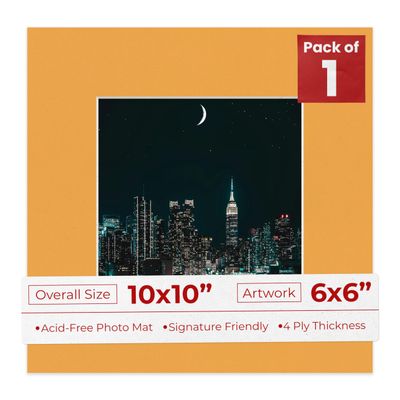 10x10 Mat Bevel Cut for 6x6 Photos - Precut Golden Orange Square Shaped Photo Mat Board Opening - Acid Free Matte to Protect Your Pictures - Bevel Cut for Family Photos, Pack of 1 Matboard