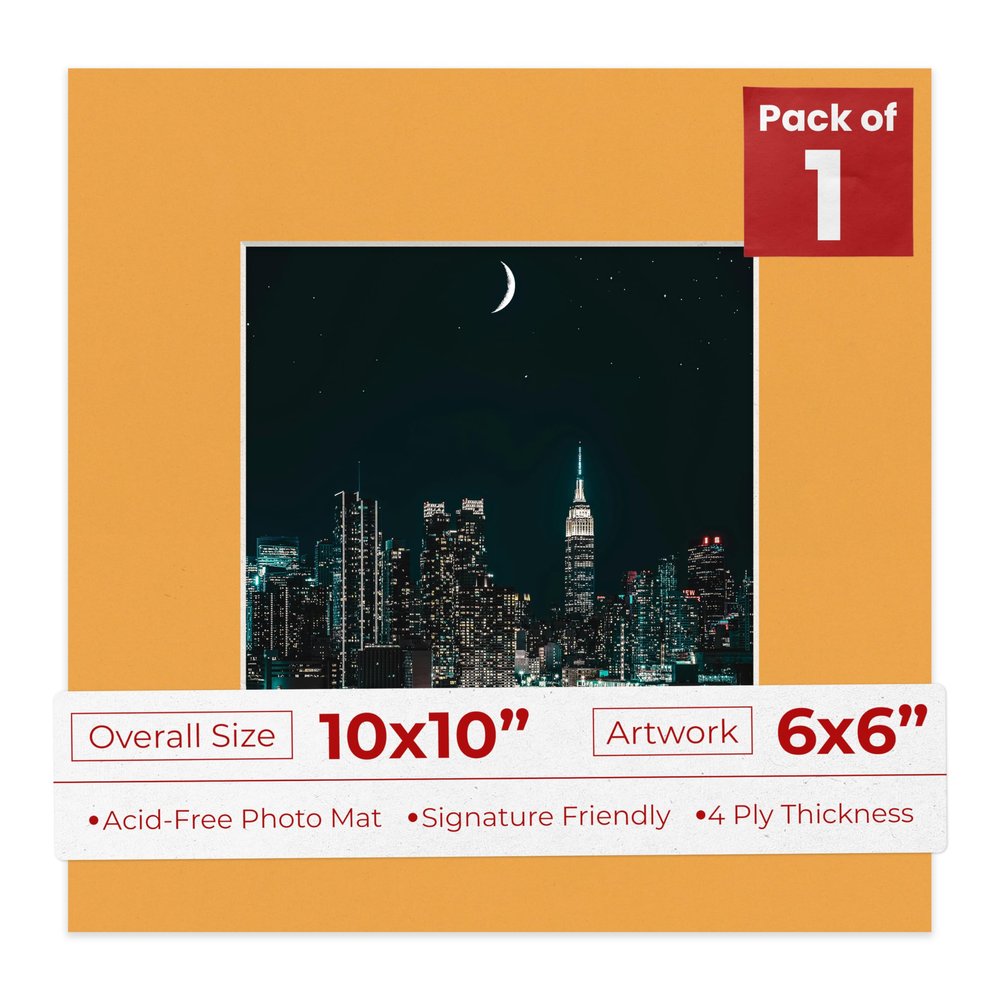 10x10 Mat Bevel Cut for 6x6 Photos - Precut Golden Orange Square Shaped Photo Mat Board Opening - Acid Free Matte to Protect Your Pictures - Bevel Cut for Family Photos, Pack of 1 Matboard