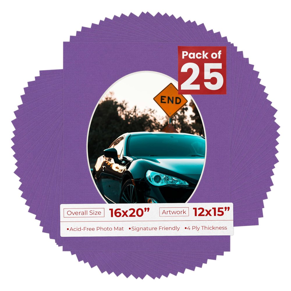 16x20 Mat Bevel Cut for 12x15 Photos - Precut Dark Purple Oval Shaped Photo Mat Board Opening - Acid Free Matte to Protect Your Pictures - Bevel Cut for Family Photos, Pack of 25 Matboards