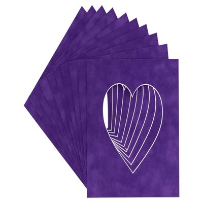 6x6 Mat Bevel Cut for 3x3 Photos - Precut Purple Crocus Suede Heart Shaped Photo Mat Board Opening - Acid Free Matte to Protect Your Pictures - Bevel Cut for Family Photos, Pack of 10 Matboards