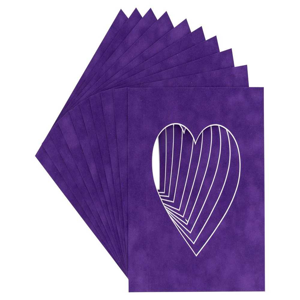 6x6 Mat Bevel Cut for 3x3 Photos - Precut Purple Crocus Suede Heart Shaped Photo Mat Board Opening - Acid Free Matte to Protect Your Pictures - Bevel Cut for Family Photos, Pack of 10 Matboards