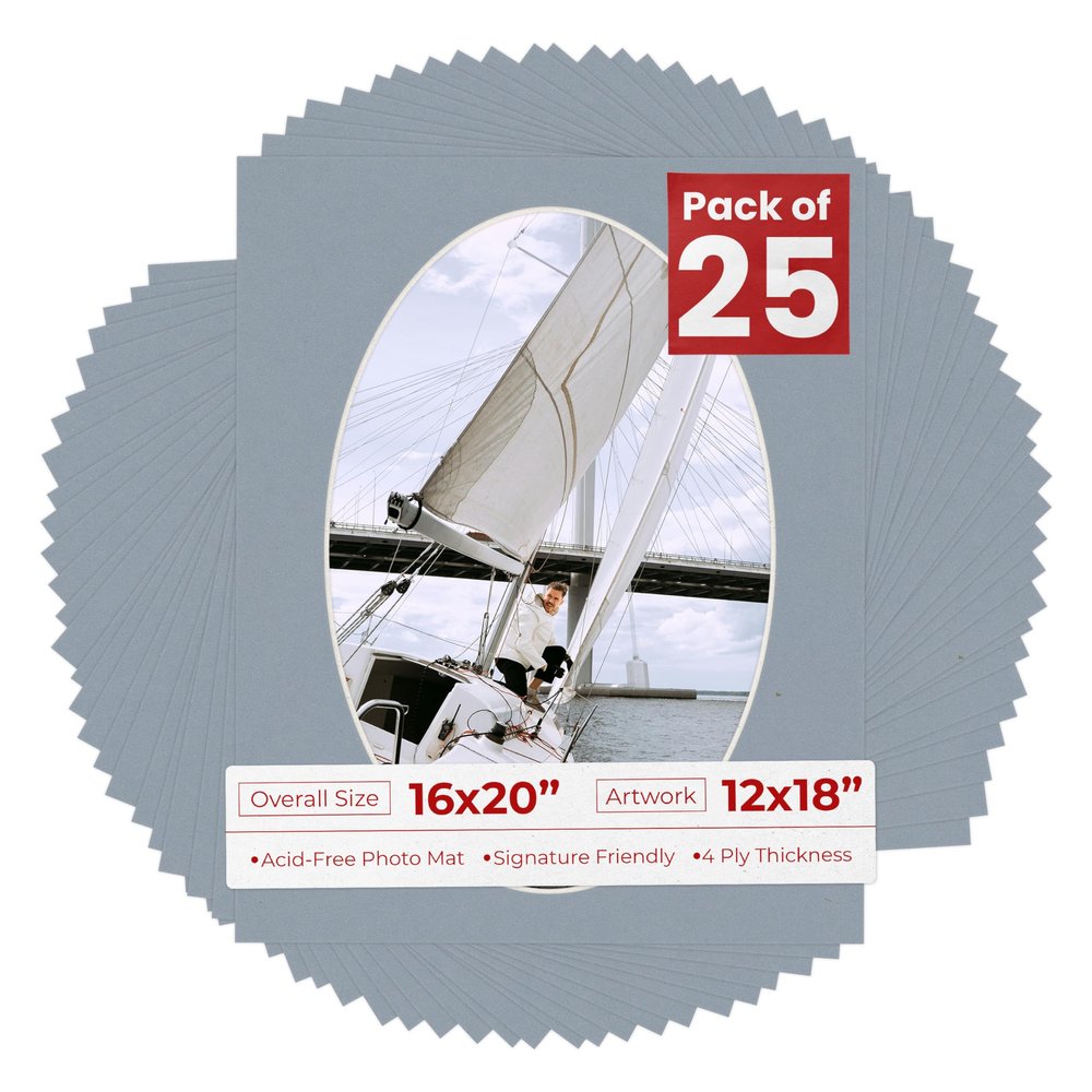 16x20 Mat Bevel Cut for 12x18 Photos - Precut Mid Grey Oval Shaped Photo Mat Board Opening - Acid Free Matte to Protect Your Pictures - Bevel Cut for Family Photos, Pack of 25 Matboards