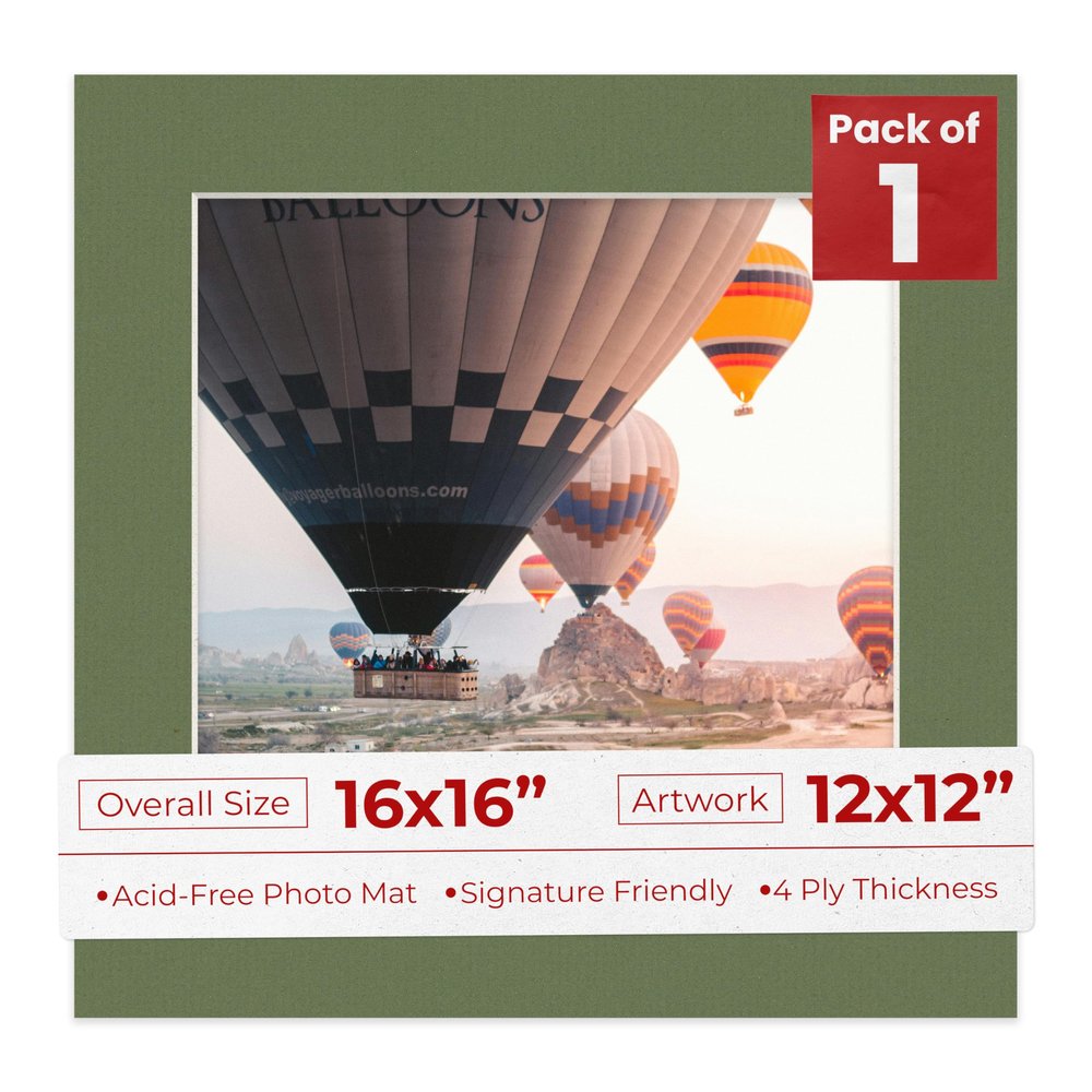 16x16 Mat Bevel Cut for 12x12 Photos - Precut Dill Green Square Shaped Photo Mat Board Opening - Acid Free Matte to Protect Your Pictures - Bevel Cut for Family Photos, Pack of 1 Matboard