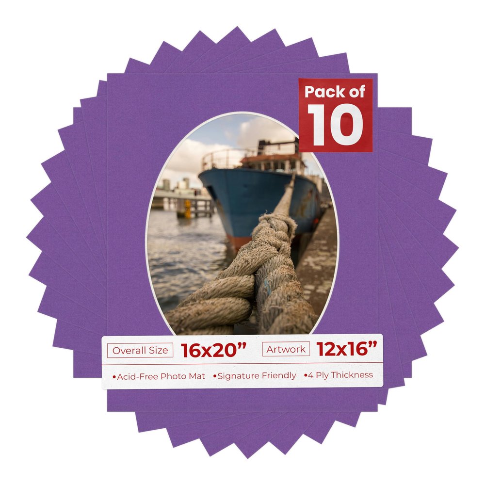 16x20 Mat Bevel Cut for 12x16 Photos - Precut Dark Purple Oval Shaped Photo Mat Board Opening - Acid Free Matte to Protect Your Pictures - Bevel Cut for Family Photos, Pack of 10 Matboards