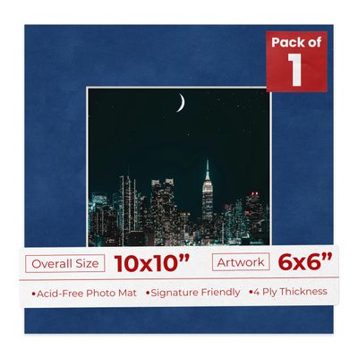 10x10 Mat Bevel Cut for 6x6 Photos - Precut Brooke Blue Suede Square Shaped Photo Mat Board Opening - Acid Free Matte to Protect Your Pictures - Bevel Cut for Family Photos, Pack of 1 Matboard